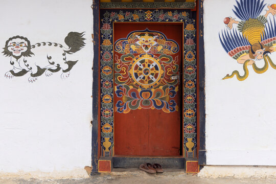 Decorative door in Gangtey village, Phobjikha Valley, Wangdue Phodrang District, Bhutan