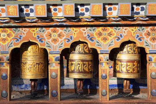 Prayer wheels at Kyichu  Lhakhang temple, Paro, Bhutan