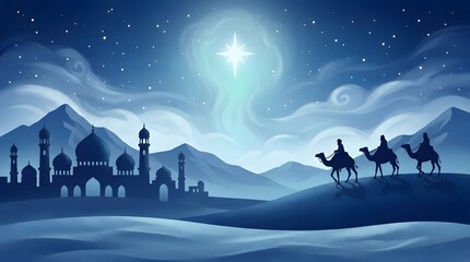 Naklejka premium Three wise men following the star of bethlehem to a distant city at night