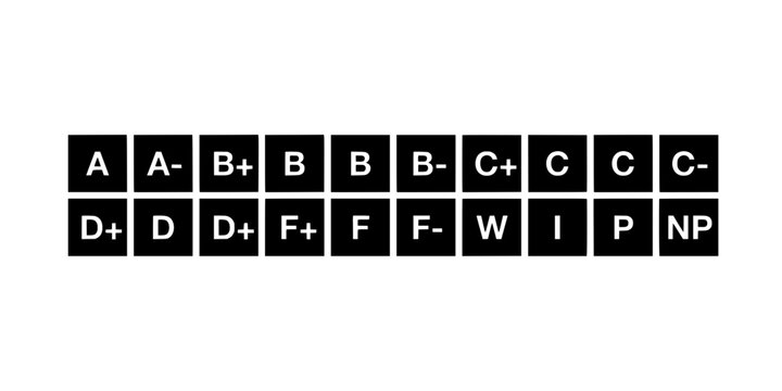 Grade Icons with Lettering on Black Squares Featuring Icon, Square, White with Education and School Elements for Assessment