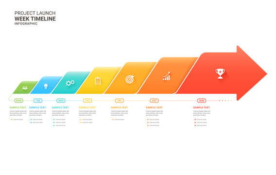 Weekly Timeline Arrow Infographic Template, Project Schedule Workflow, Seven Day Planning, Modern Vector Design