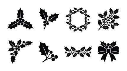 Christmas holly berry silhouette icon set flat vector winter holiday xmas floral wreath elements isolated on white background © selena