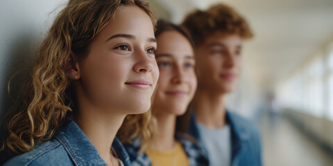 Obraz premium Teenagers looking hopeful in bright hallway