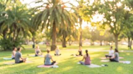 Fototapeta premium Diverse group of people practicing meditation and yoga on mats in lush green park during golden hour with soft sunlight and palm trees in background