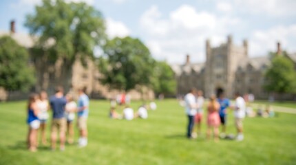 Fototapeta premium Group of students and young people chatting on university campus lawn in front of historic stone building during sunny day for education and social life concept