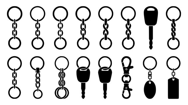 Metal keychain and house car key blank template silhouette vector set featuring split rings chains clasps and identification tag elements