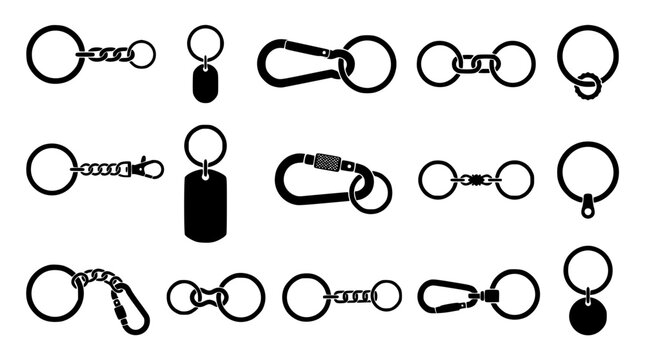 Keychain blank templates silhouette vector set featuring metal rings carabiners split chains identity tags and blank mockup accessory elements