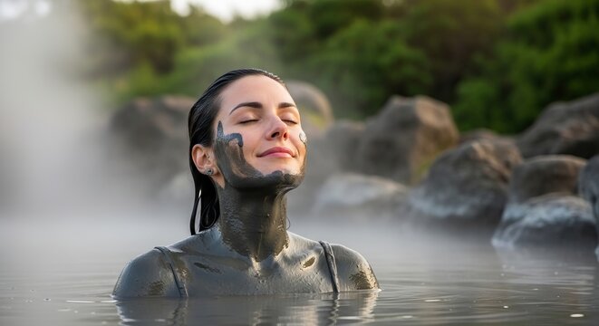 Relaxed woman enjoying a natural mud bath in a geothermal hot spring, embracing wellness, skincare and self-care