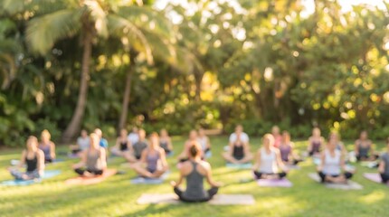 Fototapeta premium Group of people sitting in circle on grass practicing yoga and meditation in tropical garden setting with sunbeams filtering through trees for mindfulness and wellness concept