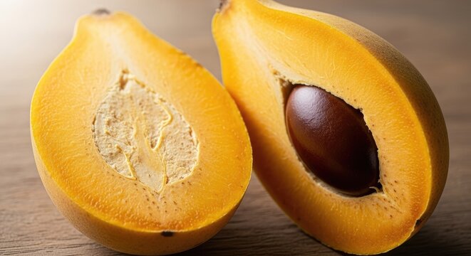 Halved mamey sapote fruit showing orange pulp and seed.