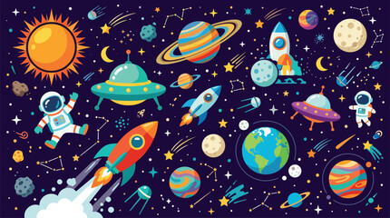Outer Space Cartoon Vector Illustration Pattern Featuring Astronauts Spaceships Rockets Planets Sun Moon Stars and UFO Alien Saucers for Children Wallpaper Design © Nayem