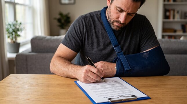 Injured man wearing a medical arm sling while signing insurance documents or medical forms at home