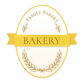 Bakery emblem or badge with whet ears and ribbon, vector illustration, isolated on white. Suitable for branding, packaging.