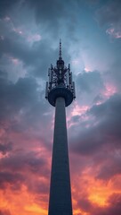 Obraz premium Modern 5G telecommunication tower with sleek white antenna arrays against dramatic sunset sky, concept of digital infrastructure, cloud computing and modern information technology