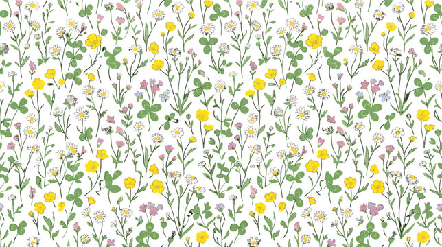 Seamless pattern of hand drawn meadow wildflowers and clover leaves on a white background vector illustration