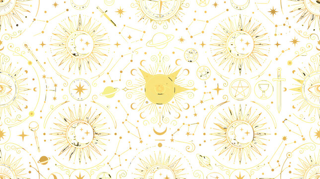 Seamless pattern with golden sun and moon celestial symbols on white background for mystical design projects