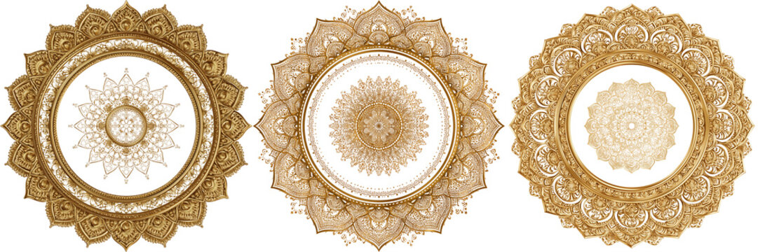 Set of Luxurious golden mandala with complex sacred geometry, ornate ornamental details on transparent png background. Ai generated