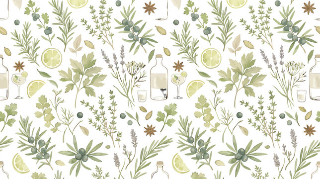 Seamless pattern with watercolor gin botanicals herbs spices and citrus slices on a white background vector illustration