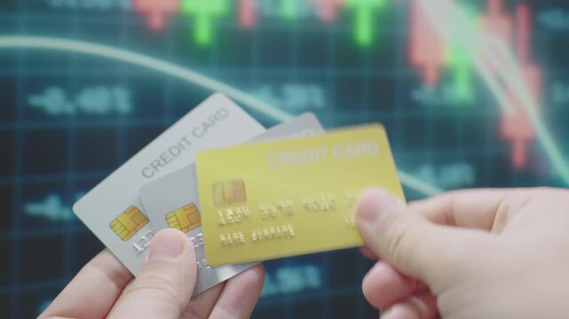 Hand Holding Multiple Credit Card shows chip and digits mock up with Stock market Online screen background.