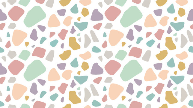 Seamless terrazzo pattern with colorful organic stone shapes on white background for modern interior design wallpaper