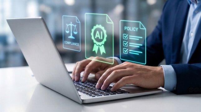 Ai_Corporate AI governance framework and regulatory compliance concept. Business professional managing digital policy implementation, intelligent standard certification, and automated legal validatio