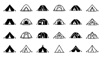 Outdoor camping tourist tents vector silhouette and line art icon collection featuring dome and teepee shelters © AlviAhmed