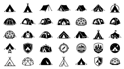 Outdoor camping tents and adventure badge vector silhouette icon mega bundle featuring dome and teepee shelters © AlviAhmed