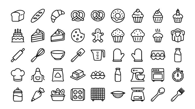 Bakery and pastry cooking line icon set with bread cakes cookies pastries donuts and kitchen utensils