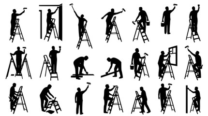 House painter workers on ladders silhouette mega bundle set painting walls ceilings and window frames © AlviAhmed