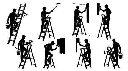 House painter workers and decorators silhouette vector icon set featuring characters on ladders painting walls © AlviAhmed