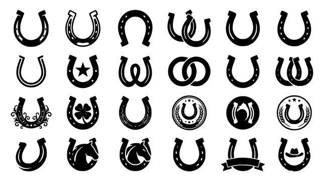 Lucky horseshoe vector silhouette emblem set featuring horse head clover star and vintage western badges