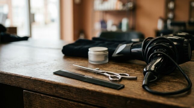 Barber Shop Tools Laid Out on Wooden Countertop 1.