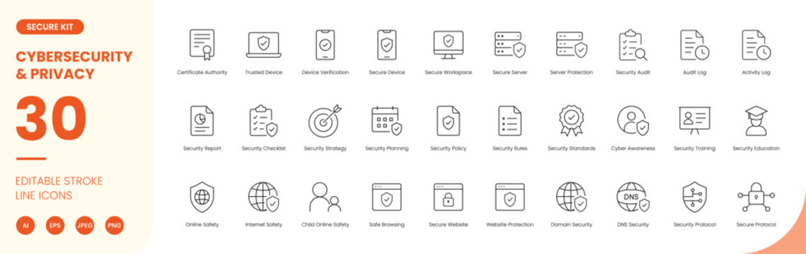 cybersecurity and privacy icon line style secure infrastructure editable stroke vector set