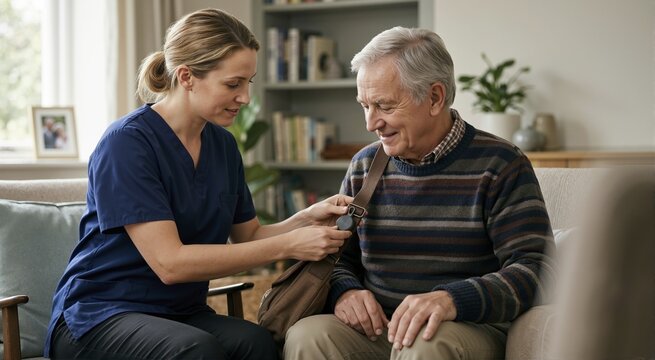 Caregiver attaching GPS tracking tag to senior man's bag. Nurse setting up location device for elderly patient safety in living room. Dementia care and wandering prevention concept