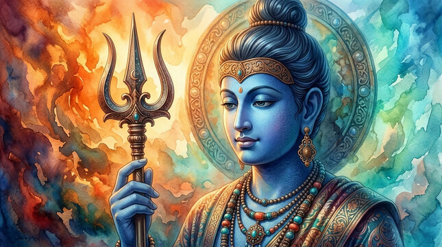 Watercolor painting of a blue deity holding a trident, with ornate jewelry and a vibrant, abstract background, symbolizing spiritual power and divine presence.