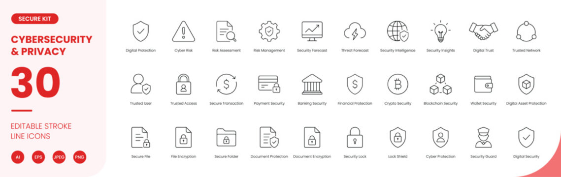 cybersecurity and privacy icon line style digital secure protection editable stroke vector set