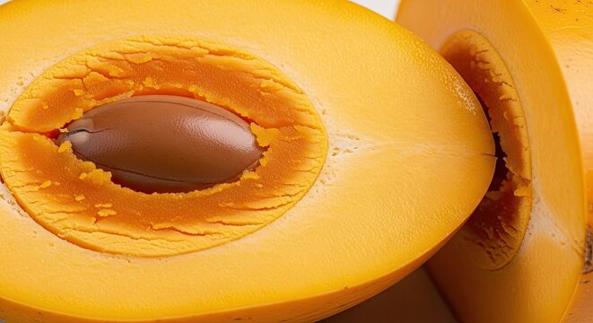 Sliced mamey sapote fruit showing seed and pulp.