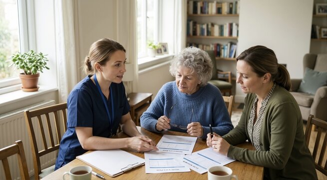 Clinician discussing a home care plan with a senior patient and her caregiver. Nurse explaining medical paperwork at a dining table