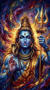 Vibrant, artistic portrayal of a blue deity with a trident and serpent, symbolizing divine power and spiritual consciousness, abstract background.