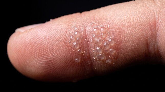 Extreme close up of cluster of small clear fluid vesicles from dyshidrotic eczema on finger