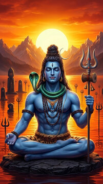 A blue-skinned deity meditates at sunset with a cobra coiled around his neck, symbolizing divine power and spiritual contemplation.