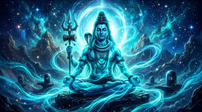 Blue spiritual figure in meditation amidst a starry cosmos, symbolizing peace, enlightenment, and cosmic power, with abstract energy flowing around.
