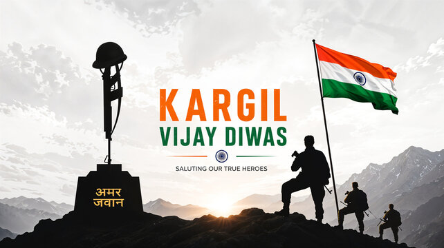 Indian soldiers celebrating Kargil Vijay Diwas with flag and memorial