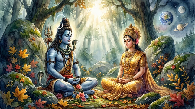 Meditating deities in a mystical forest setting, symbolizing spiritual enlightenment, divine union, and cosmic harmony within nature