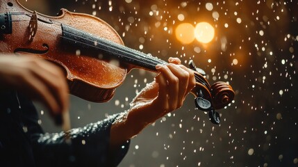 Fototapeta premium Violinist plays in the rain. Hands delicately hold the instrument while raindrops fall around. Warm, soft lighting creates a romantic ambiance