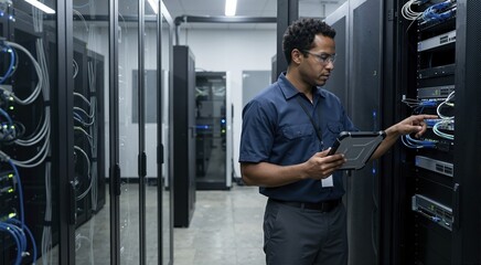 Fototapeta premium IT professional checking network equipment in server room. Data center technician holding tablet and inspecting server rack. Technology infrastructure maintenance