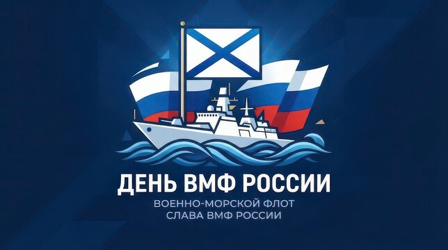 Russian Navy Day military ship illustration with flag