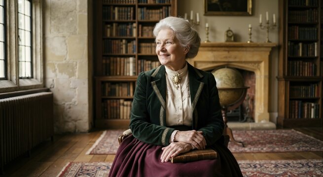 Smiling senior woman in historical Victorian clothing sitting in a classic library. Elegant elderly lady in a green velvet jacket holding an antique book in a study
