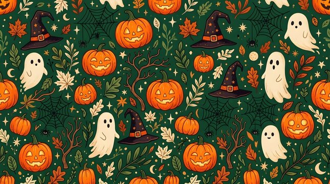 Halloween pattern with pumpkins ghosts witches hats and leaves on green background for spooky decorations