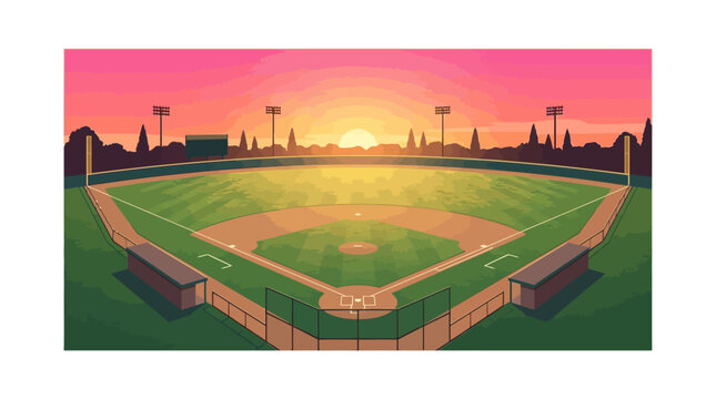 Vector illustration of a professional baseball field at sunset with a pink and orange sky, featuring the diamond, green grass, dugouts, outfield lights, and a scoreboard against a tree line.